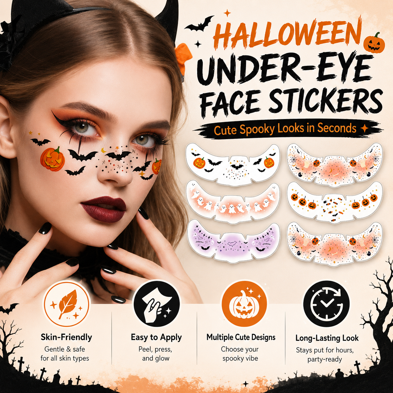 🎃 50% OFF 6PCS Halloween Under-Eye Face Stickers – Instant Spooky Makeup Set