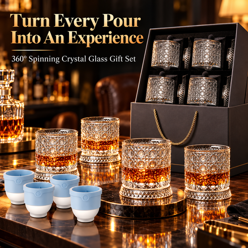 🥃 360° Spinning Crystal Whiskey Glass Gift Set with Large Ice Ball Molds (4-Piece) ✨