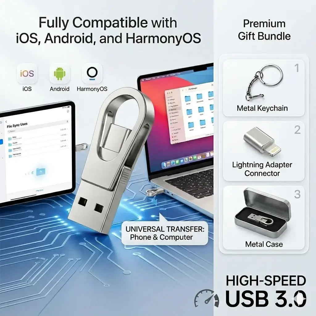 📱 3-in-1 Mobile USB 3.0 Flash Drive – USB-C, USB-A & Lightning File Transfer