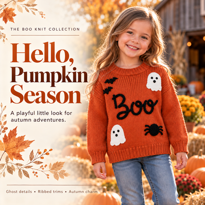👻Kids Halloween Boo Ghost Knit Sweater – Cute Fall Pullover 🎃