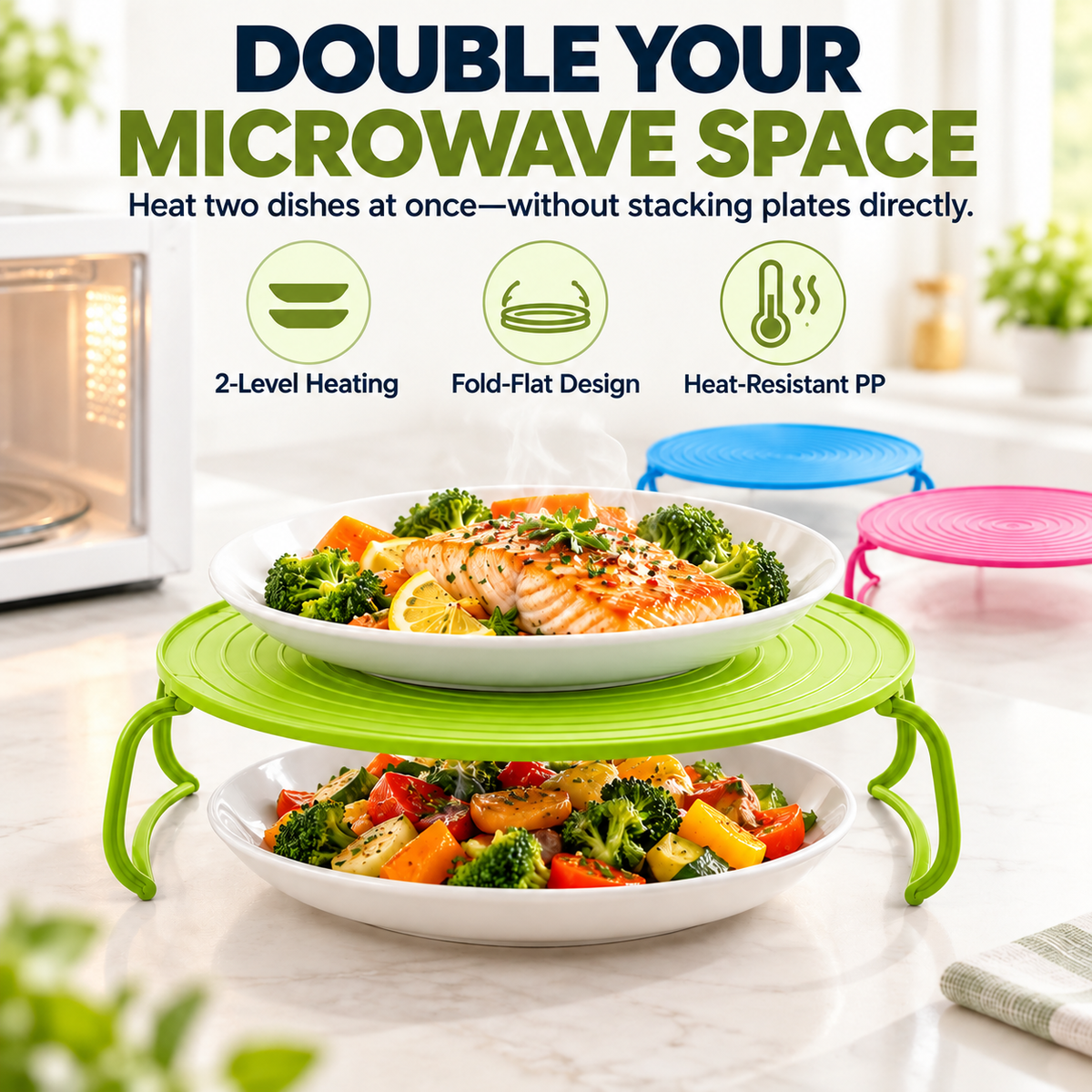 🍽️ 2-in-1 Microwave Plate Stacker & Heat-Resistant Trivet – Double Your Microwave Space