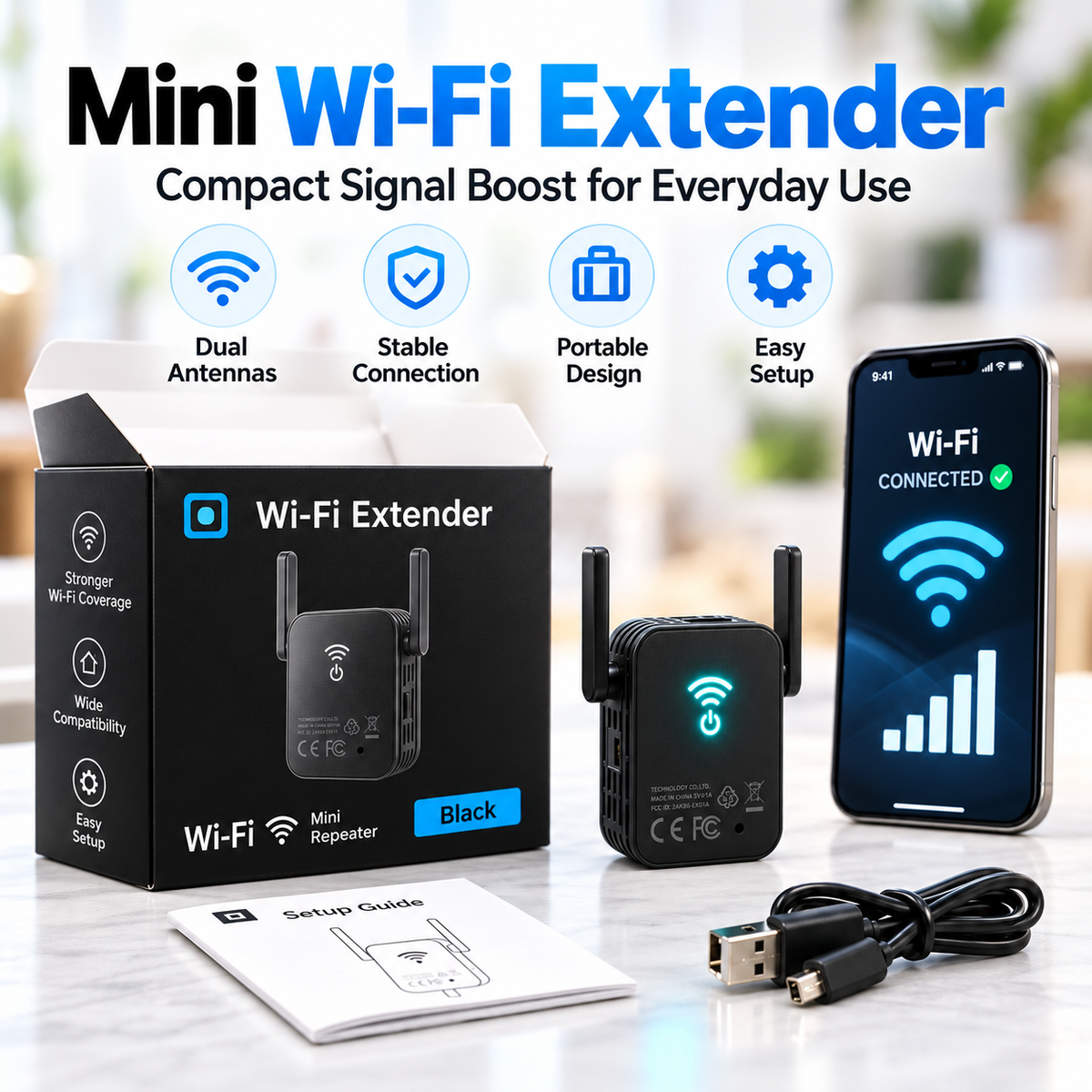 📶 Mini Portable Wi-Fi Extender Signal Booster with Dual Antennas & Ethernet Port ⚡