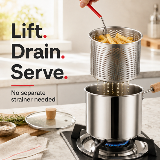 🍟 Personal Mini Deep Fryer Set – Stainless Steel Pot with Lift-Out Draining Basket & Food Tongs
