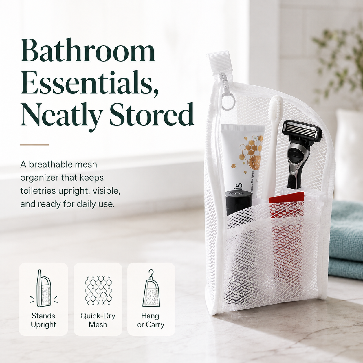 🧼 48% OFF Quick-Dry Mesh Bathroom Organizer – Self-Standing Toiletry Storage Bag