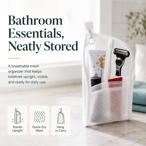 🧼 48% OFF Quick-Dry Mesh Bathroom Organizer – Self-Standing Toiletry Storage Bag