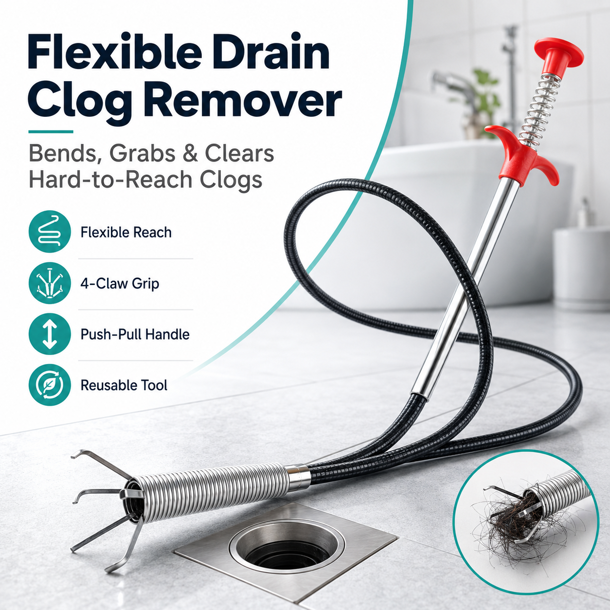 🚿 50% OFF Flexible 4-Claw Drain Grabber ⚡ Reach Deep Into Curved Pipes