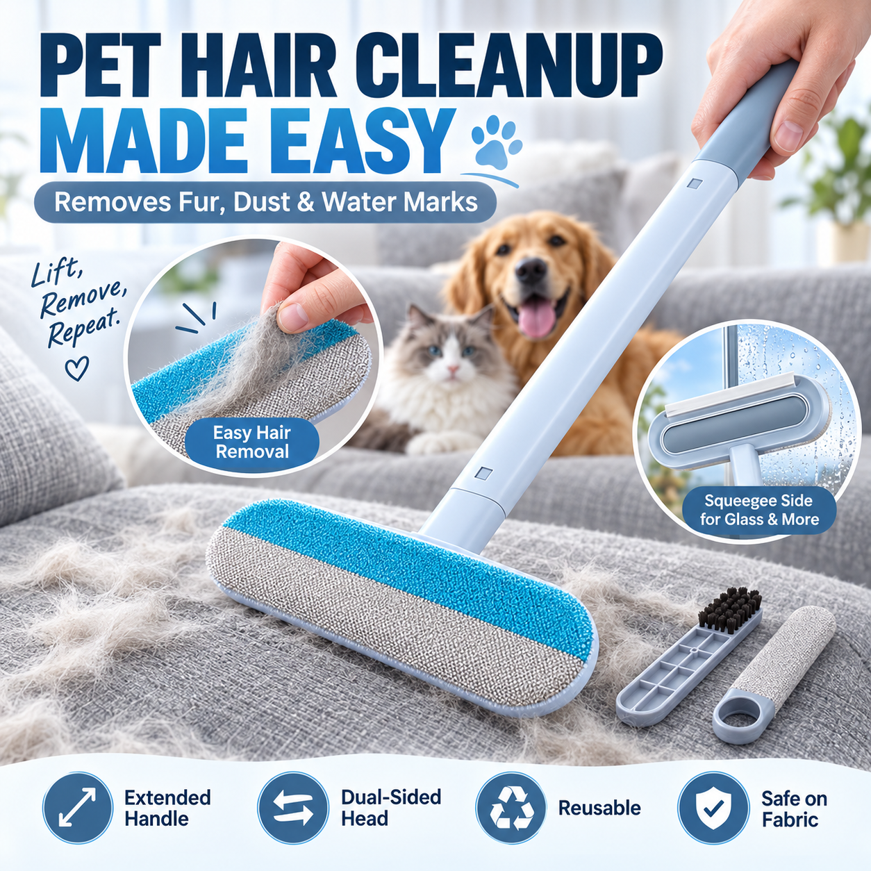 🐾 LIMITED-TIME 49% OFF Pet Hair Remover Brush – Long Handle & 2-in-1 Cleaning