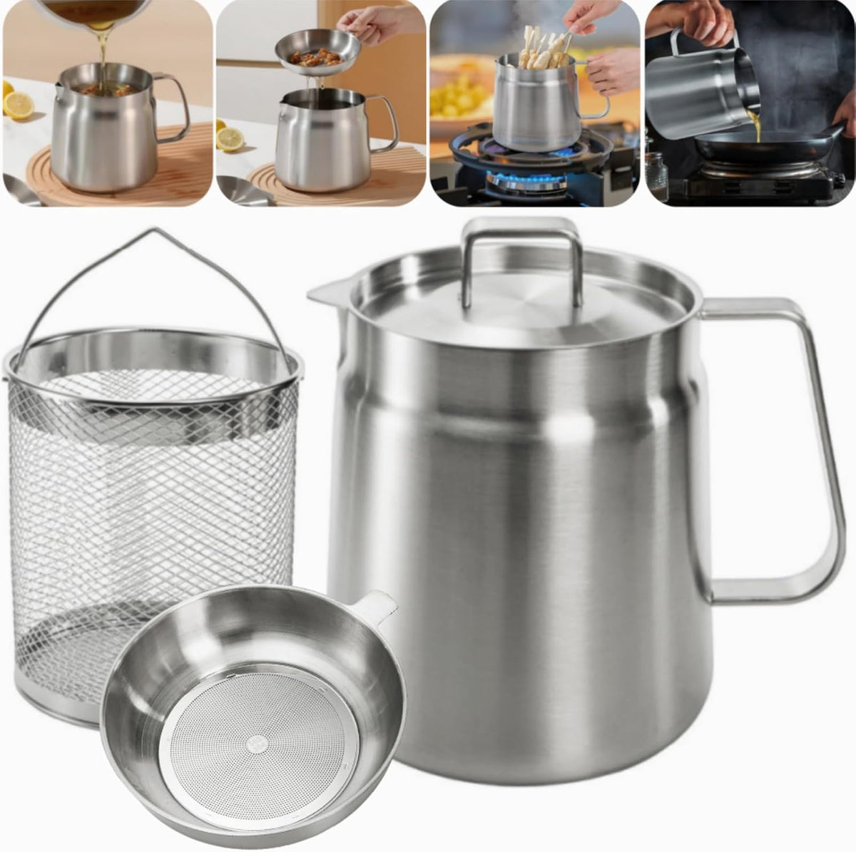 Stainless Steel Oil Filter Pot with Deep Fryer Basket, Stovetop Fryer