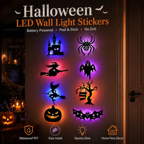 Battery-operated LED Halloween silhouette wall sticker—peel-and-stick decorative light.