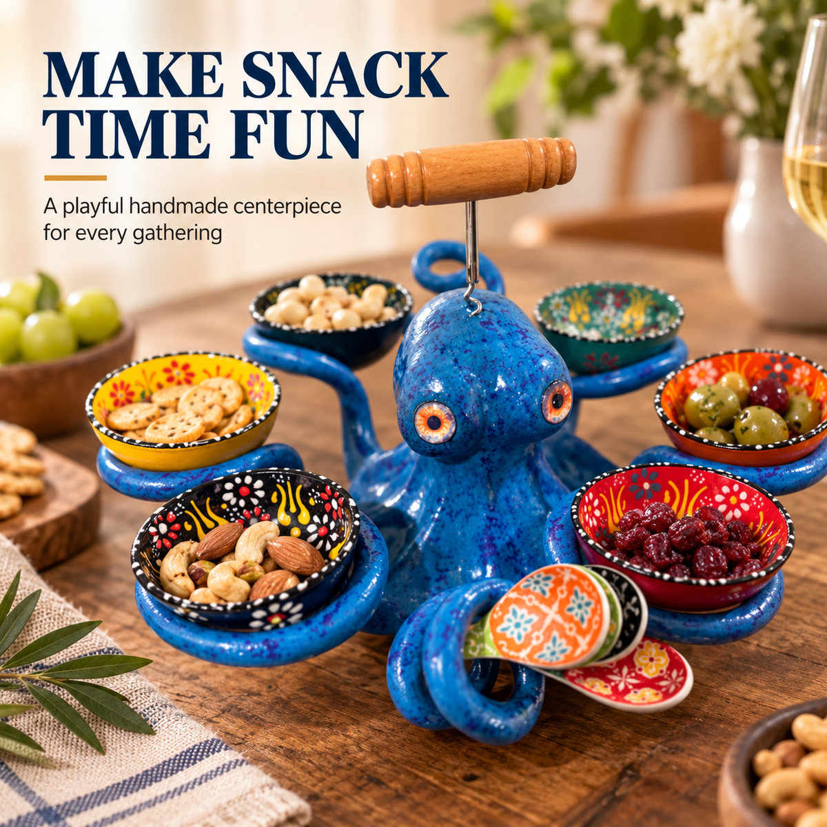 🐙 Handmade Coastal Octopus Snack Server & Divided Dip Bowl Tabletop Centerpiece 🍿