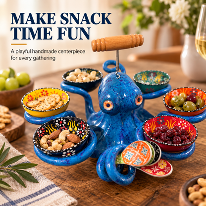 🐙 Handmade Coastal Octopus Snack Server & Divided Dip Bowl Tabletop Centerpiece 🍿