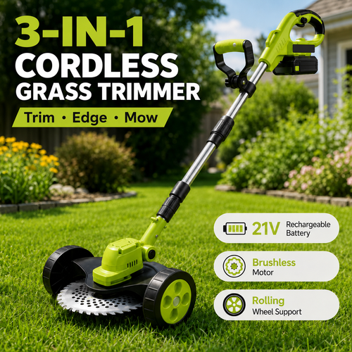🔥48% OFF 3-in-1 Cordless Grass Trimmer with Wheels – Brushless Lawn Edger & Mini Mower