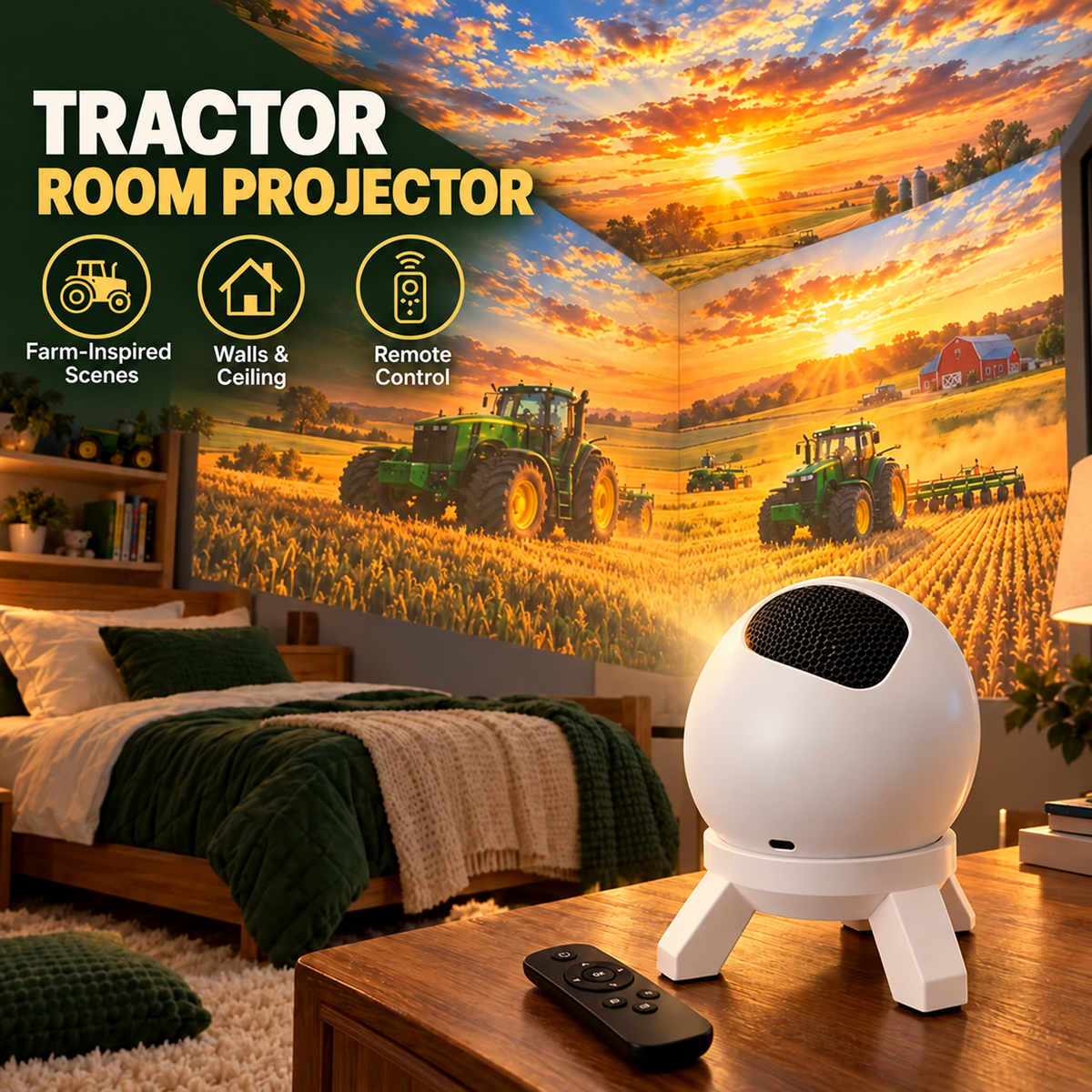 🚜 Kids Tractor & Countryside Harvest Sunset Night Light Projector with Remote Control 🌾