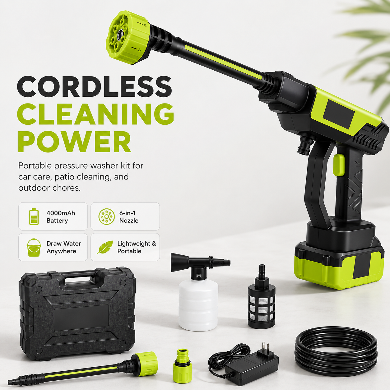 💦48% OFF Cordless Pressure Washer Kit – 6-in-1 Nozzle, 4000mAh Battery & Foam Bottle