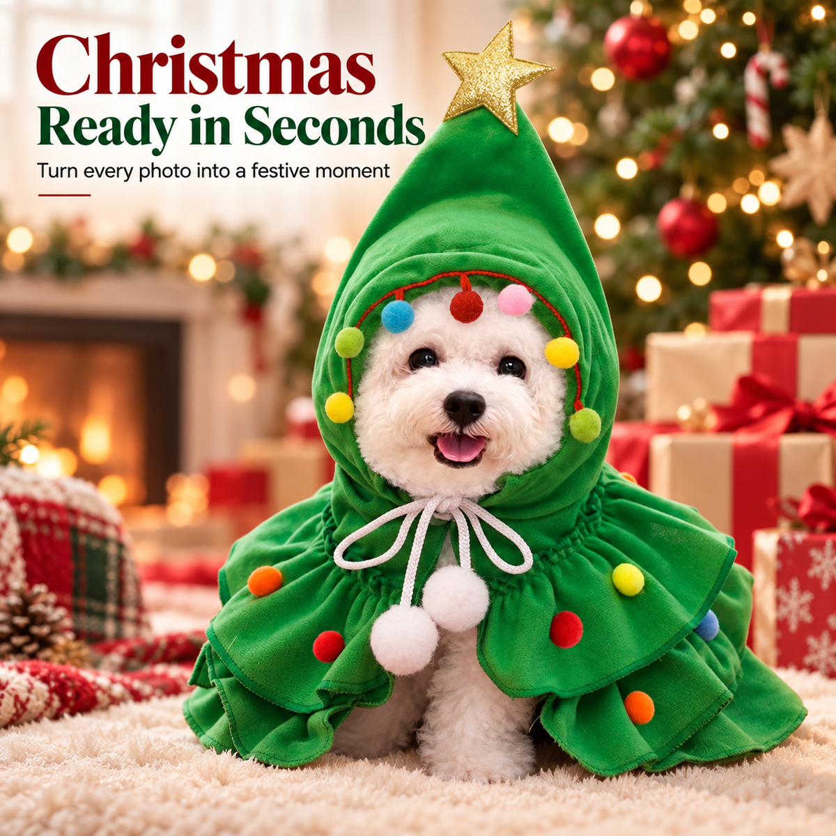 🎄 Christmas Tree Pet Cape Costume with Gold Star & Pom-Poms for Dogs & Cats 📸