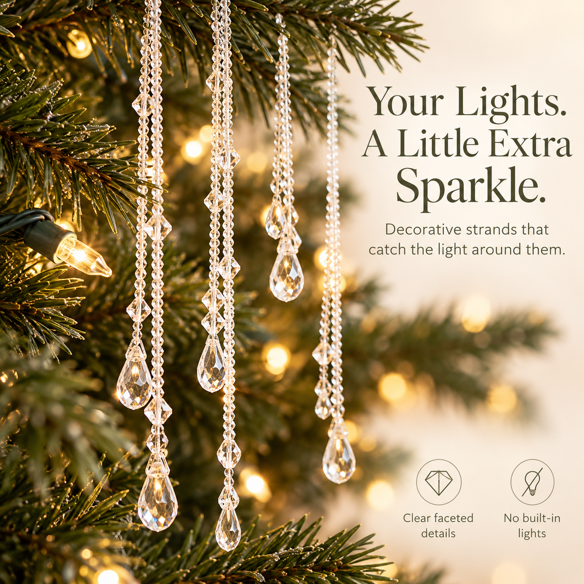 ✨ Reusable Clear Beaded Tinsel – Teardrop Icicle Strands for Christmas Trees