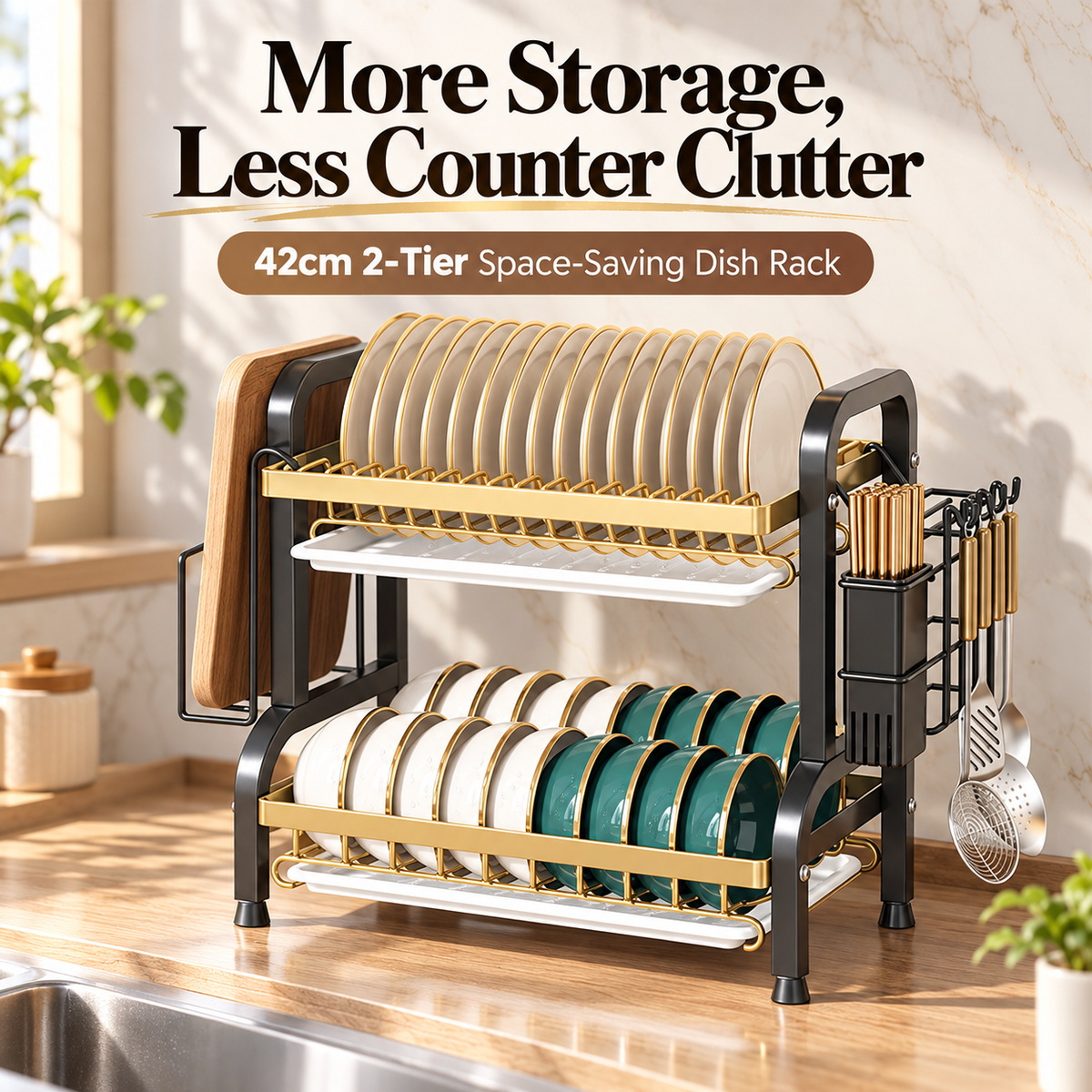🍽️ Space-Saving 2-Tier Dish Drainer With Removable Drip Trays