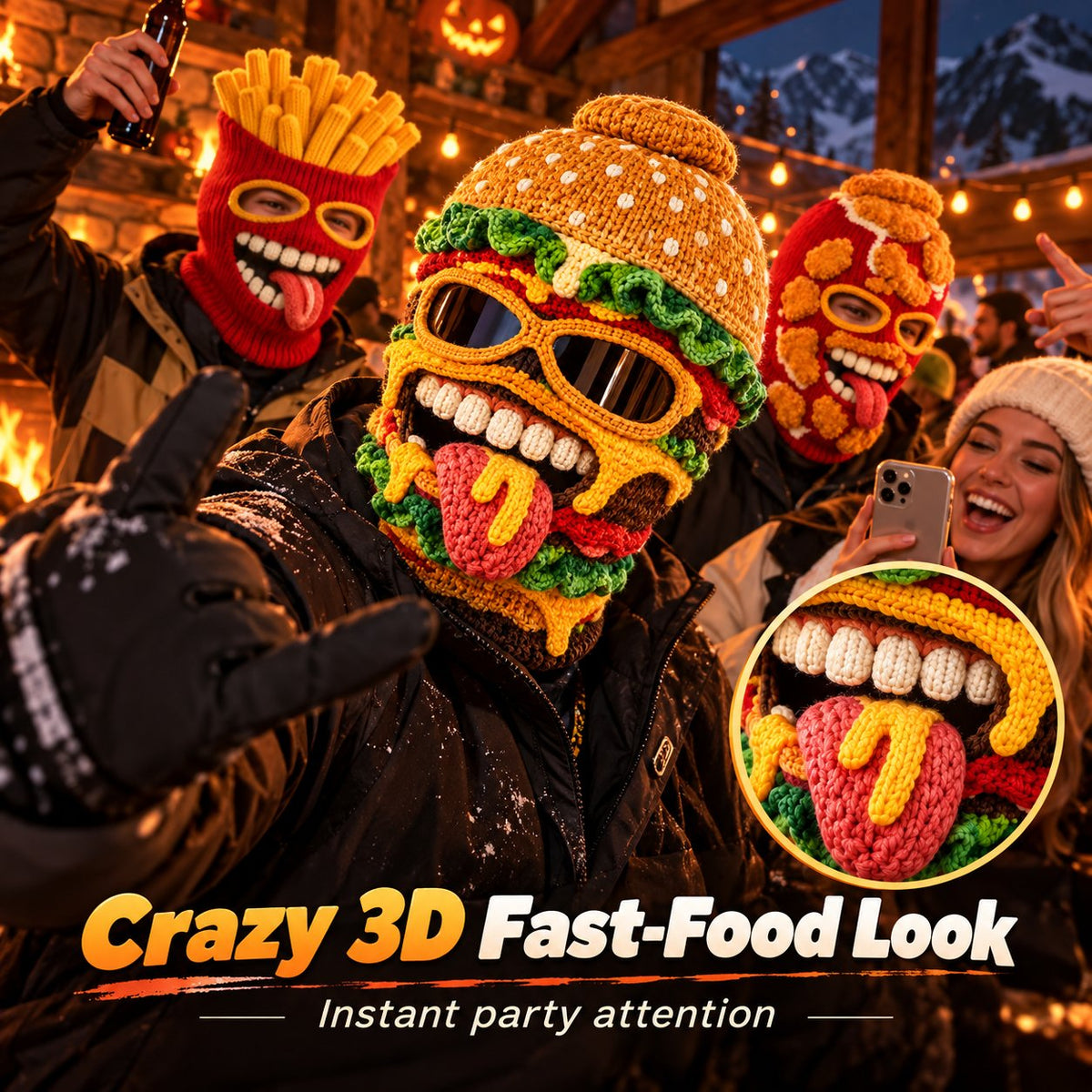 3D Fast Food Knit Balaclava - Thermal Ski & Snowboard Mask