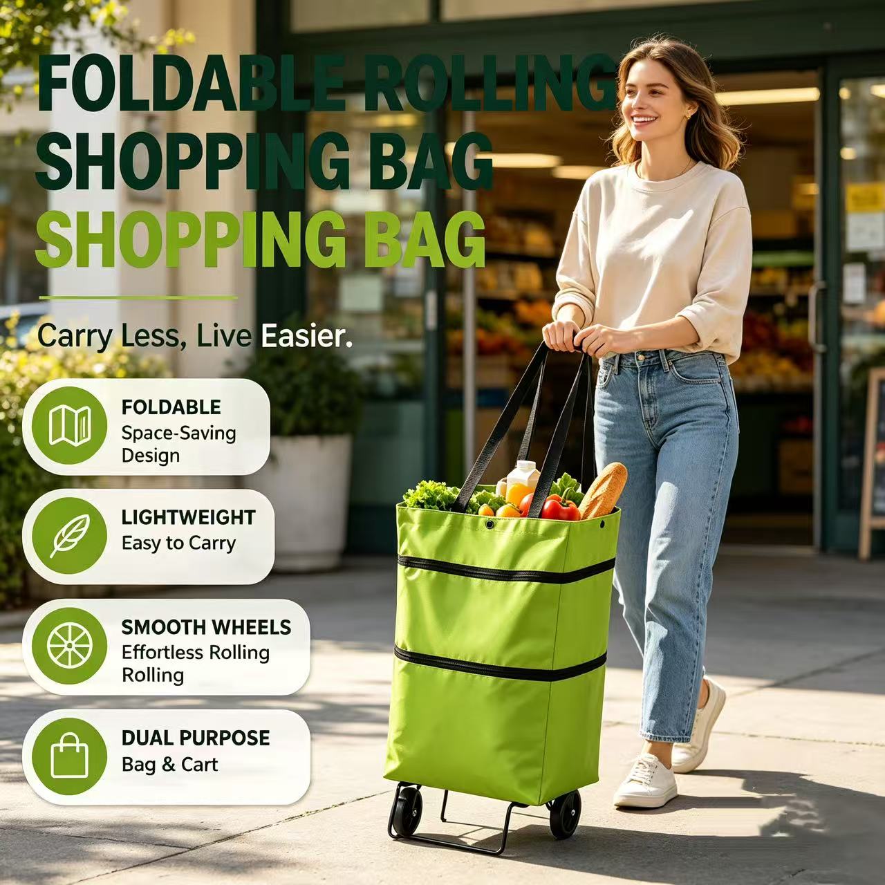Foldable Grocery Cart Bag - The Rolling Shopping Bag That Saves Your Back