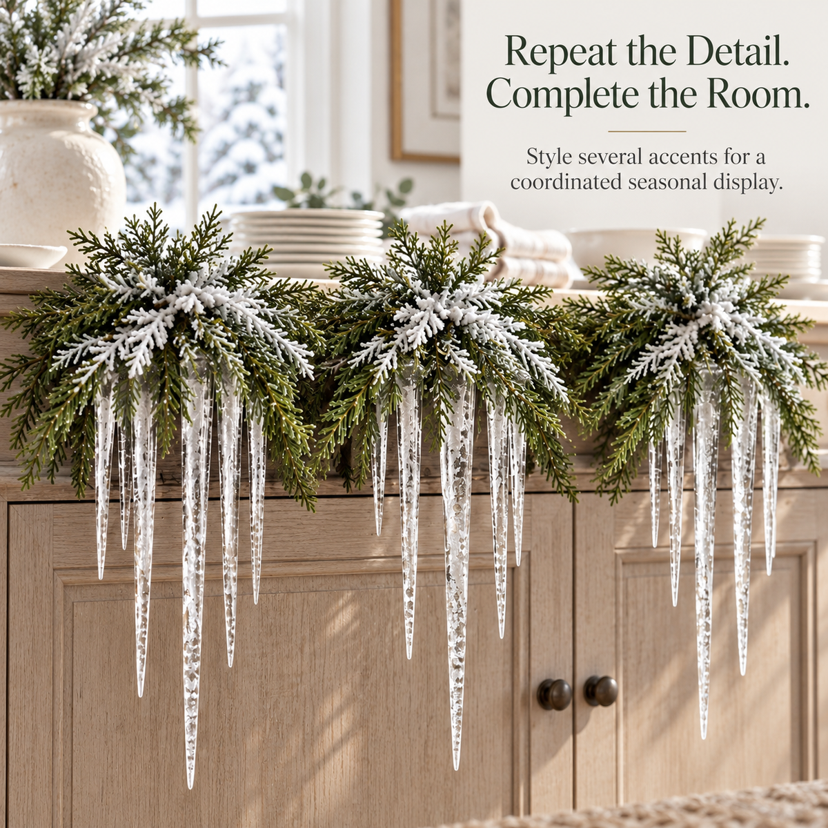 Snow-Frosted Cedar & Icicle Hanging Accent