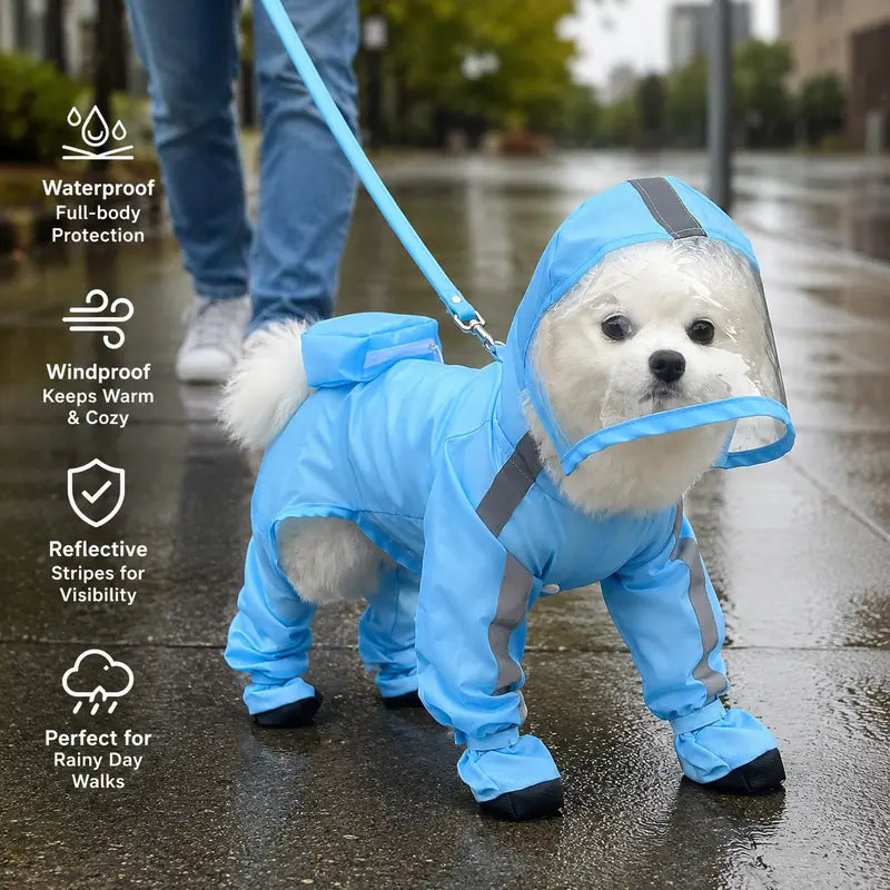 🐶Waterproof 4-Leg Dog Raincoat with Hood & Attached Boots