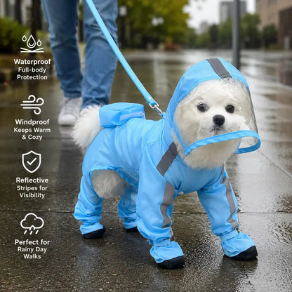 🐶Waterproof 4-Leg Dog Raincoat with Hood & Attached Boots