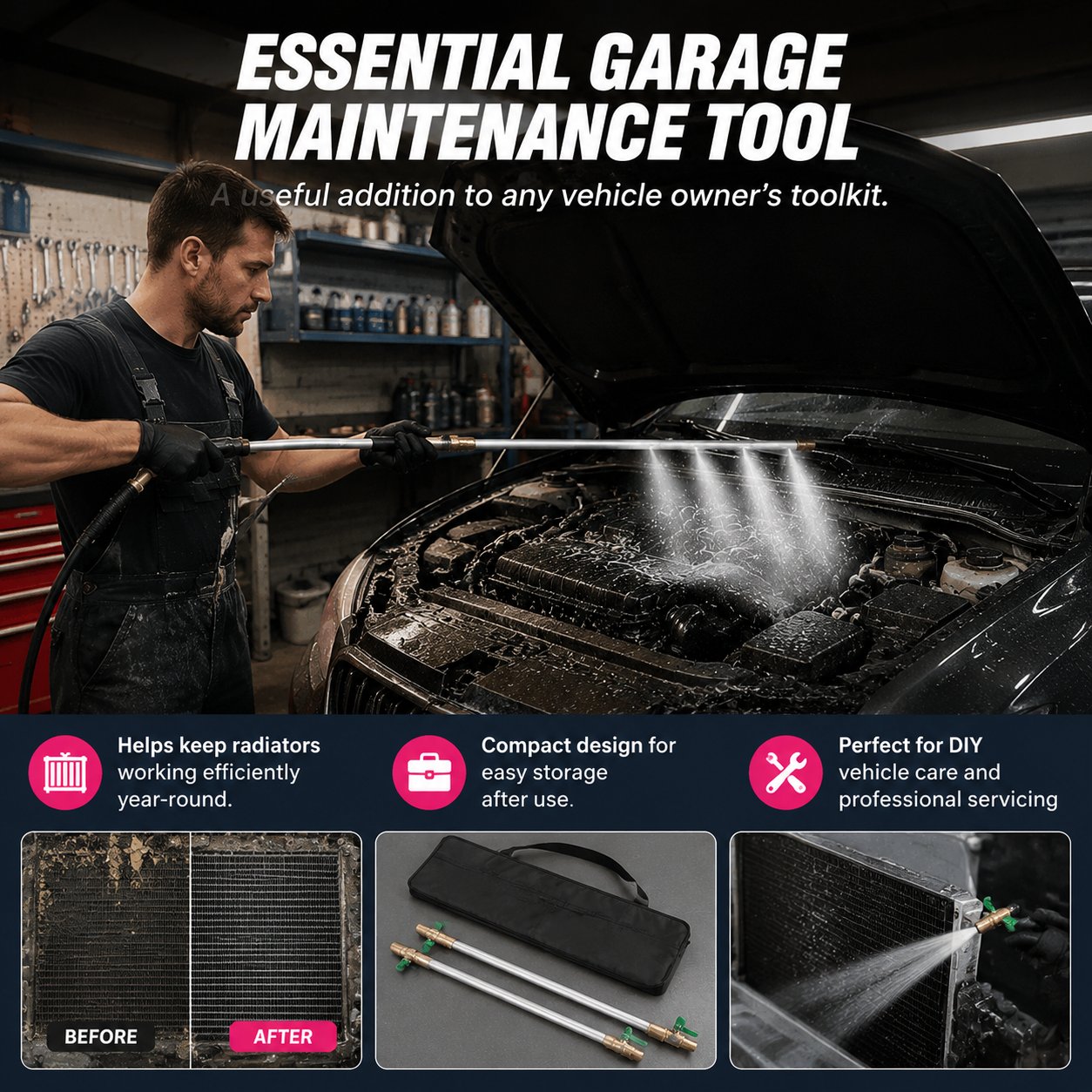 🔥 Only Today 49% OFF 60cm Radiator Cleaning Wand 🚗 Deep Reach Car Radiator Cleaner With Water & Air Connector