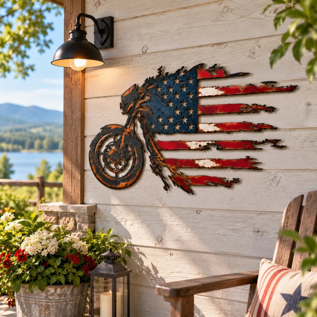🏍️ Vintage American Flag Motorcycle Metal Wall Art for Man Cave & Garage ⚙️