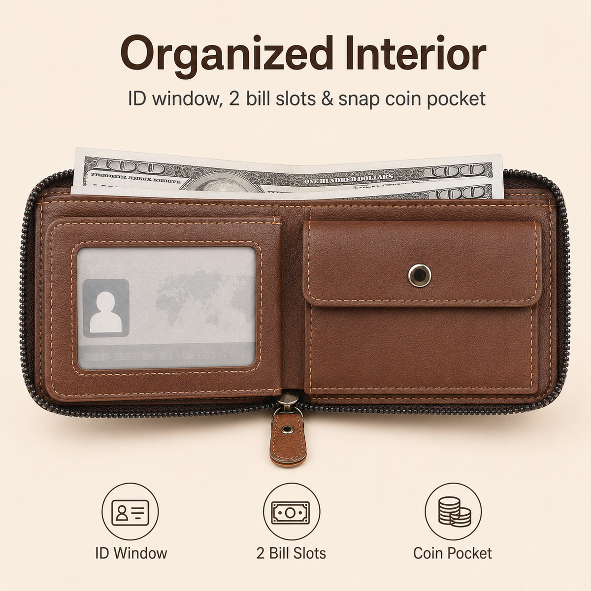 💼 Vintage Zip-Around Men's Wallet - Compact PU Leather Bifold Wallet
