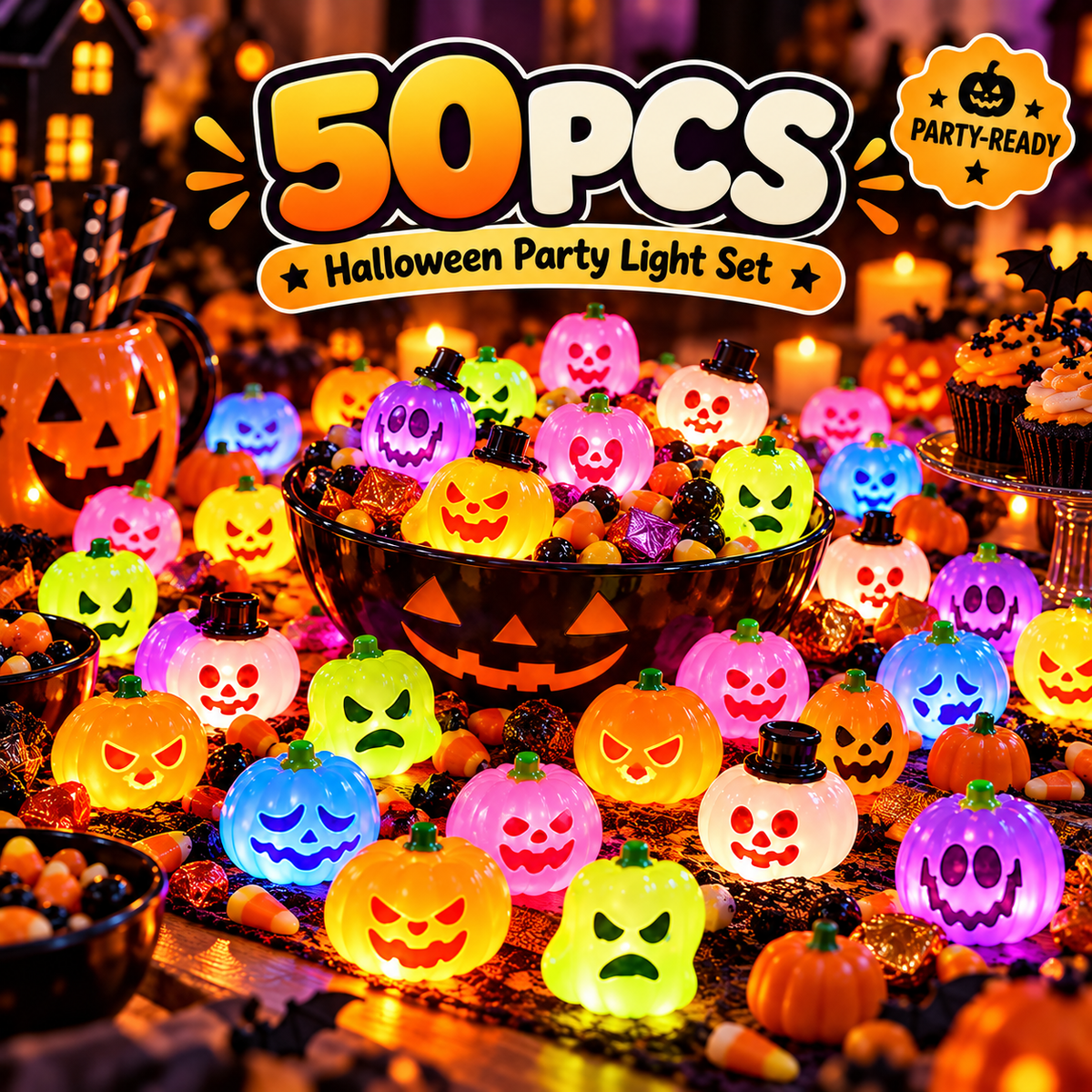 🎃 Colorful Glowing Mini Halloween Jack-O'-Lantern Pumpkin Night Lights Table Decor 🌈