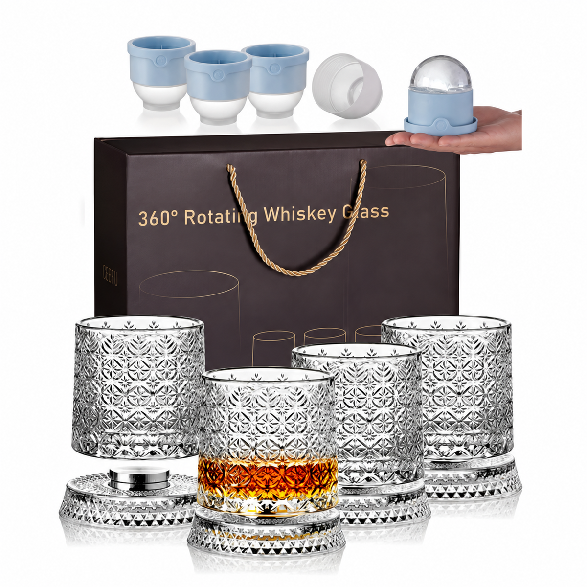 🥃 360° Spinning Crystal Whiskey Glass Gift Set with Large Ice Ball Molds (4-Piece) ✨