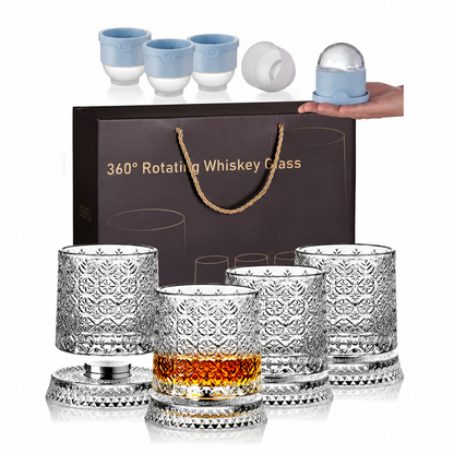 🥃 360° Spinning Crystal Whiskey Glass Gift Set with Large Ice Ball Molds (4-Piece) ✨