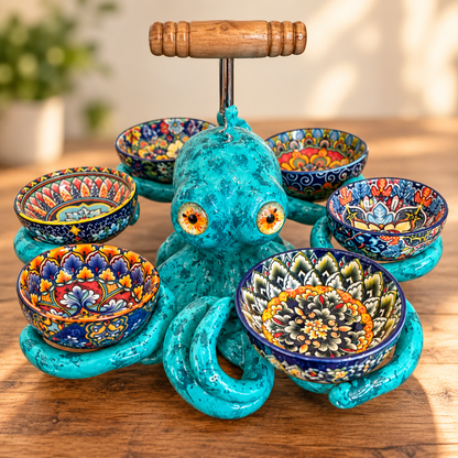 🐙 Handmade Coastal Octopus Snack Server & Divided Dip Bowl Tabletop Centerpiece 🍿