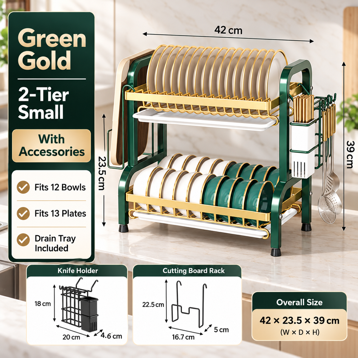 🍽️ Space-Saving 2-Tier Dish Drainer With Removable Drip Trays