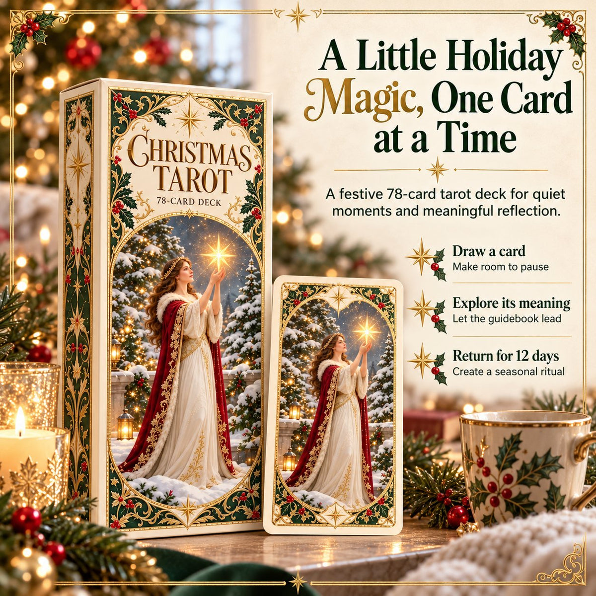 Last Day 49% OFF🎉-🔮  Complete 78-Card Christmas Holiday Tarot Deck with Guidebook & Gift Box 🎄