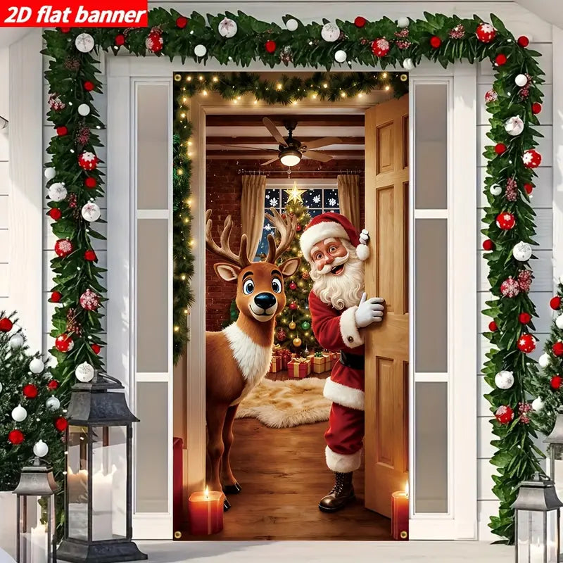 🎅55% OFF Santa & Reindeer Christmas Door Banner – Realistic 2D-Effect Holiday Decor