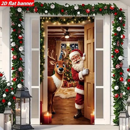 🎅55% OFF Santa & Reindeer Christmas Door Banner – Realistic 2D-Effect Holiday Decor
