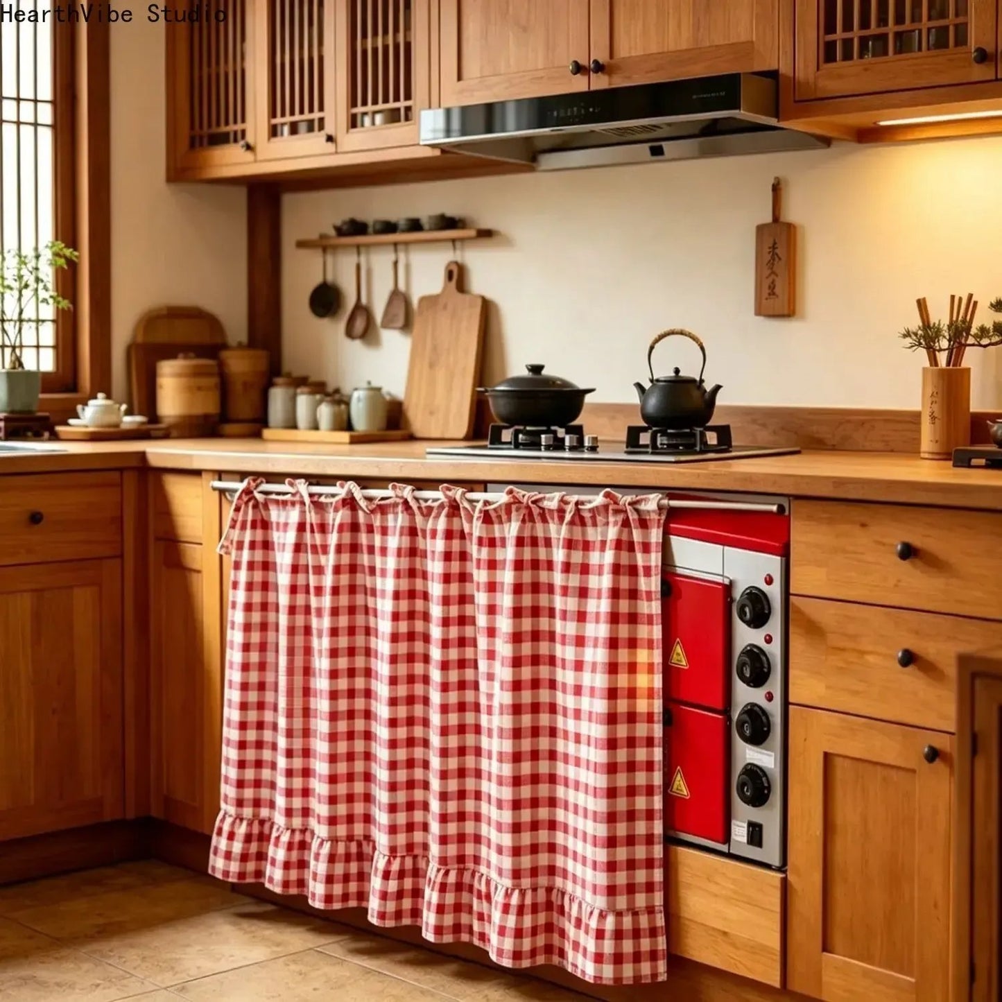 ✨2026 Farmhouse-Style Stove Curtain, Gingham Grid Ruffle-Edge Tier Curtains