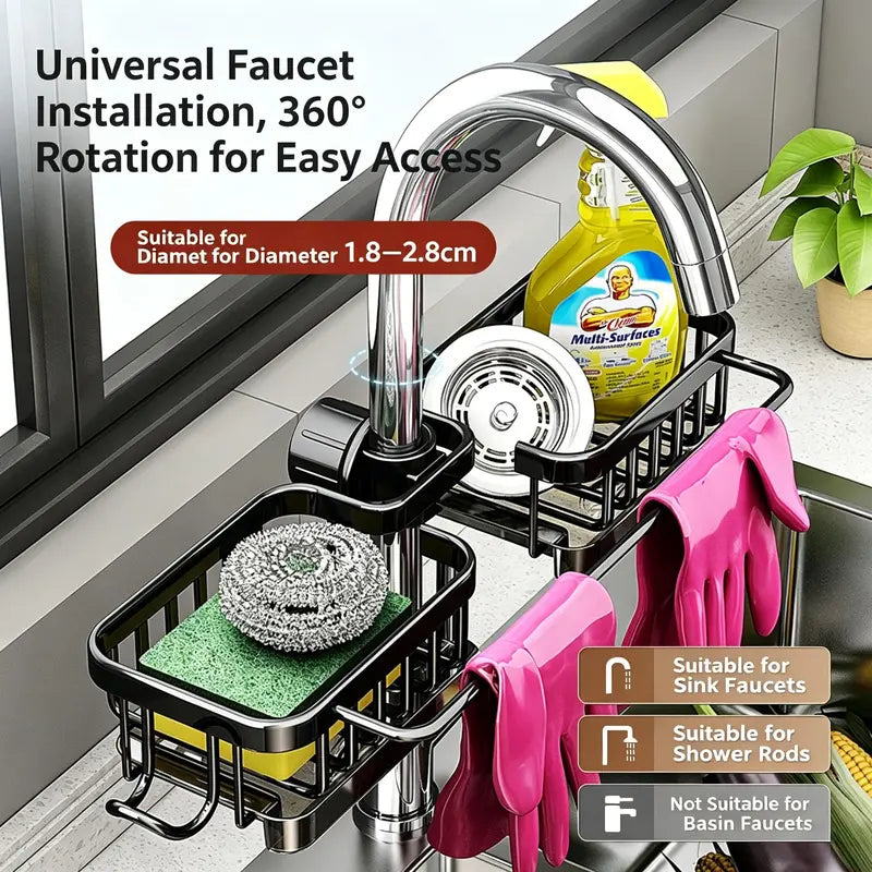 ✨ Stainless Steel Faucet-Mounted Sink Organizer – No-Drill Sponge Holder with Removable Drip Tray