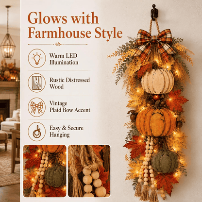 🎃 Lighted Rustic Wooden Pumpkin Door Hanger – Farmhouse Fall Porch & Thanksgiving Decor