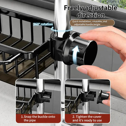 🧽Sink Organizer Rack,Hanging Faucet Drain Rack with Drip Tray Stainless Steel Detachable Sink Faucet Sponge Holder Over Faucet for Kitchen and Bathroom,Scrubbers, Soap,Brush