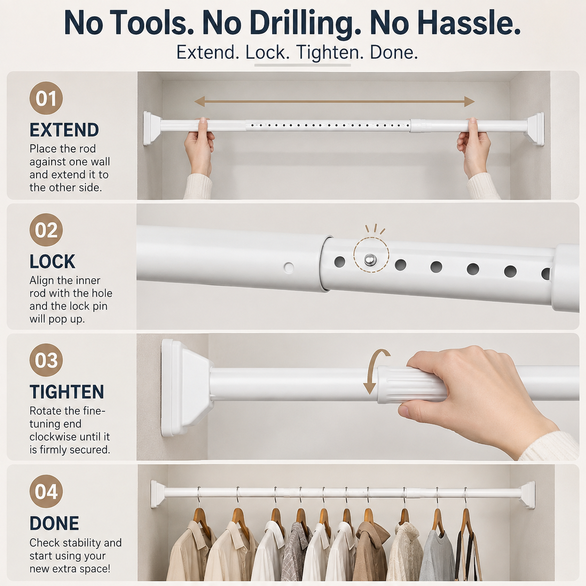 💥 半价优惠🛠️ Drill-Free Tension Rod — No Tools, No Holes, No Hassle