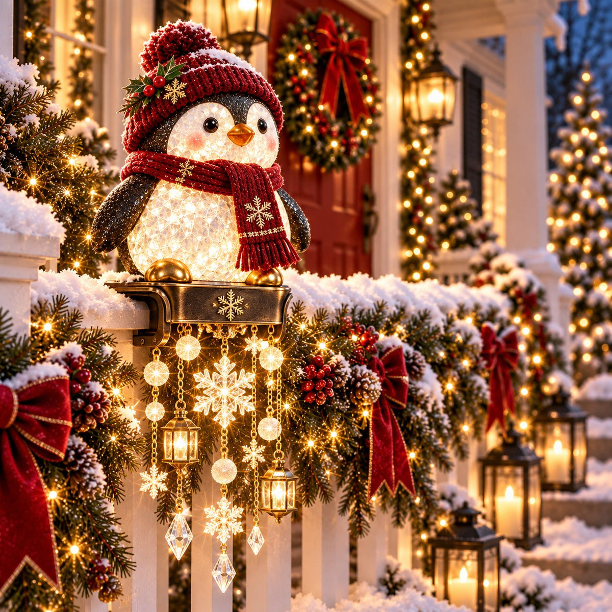 ✨ Lighted Christmas Porch Railing Hanging Characters with Cascading LED Ornaments 🎄
