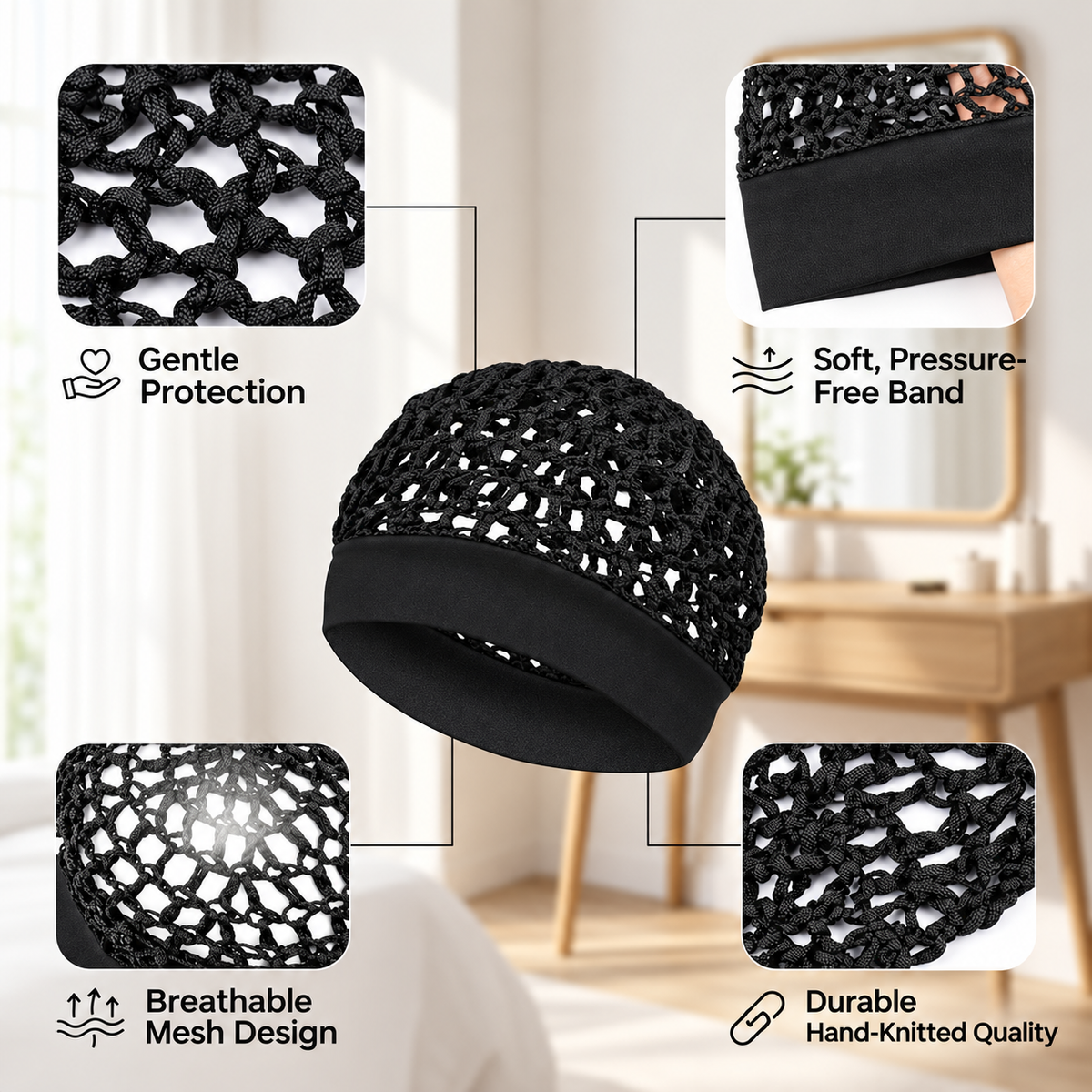 ✨ Breathable Wide-Band Crochet Hair Net | Pressure-Free Snood Sleep & Skincare Cap 💆‍♀️