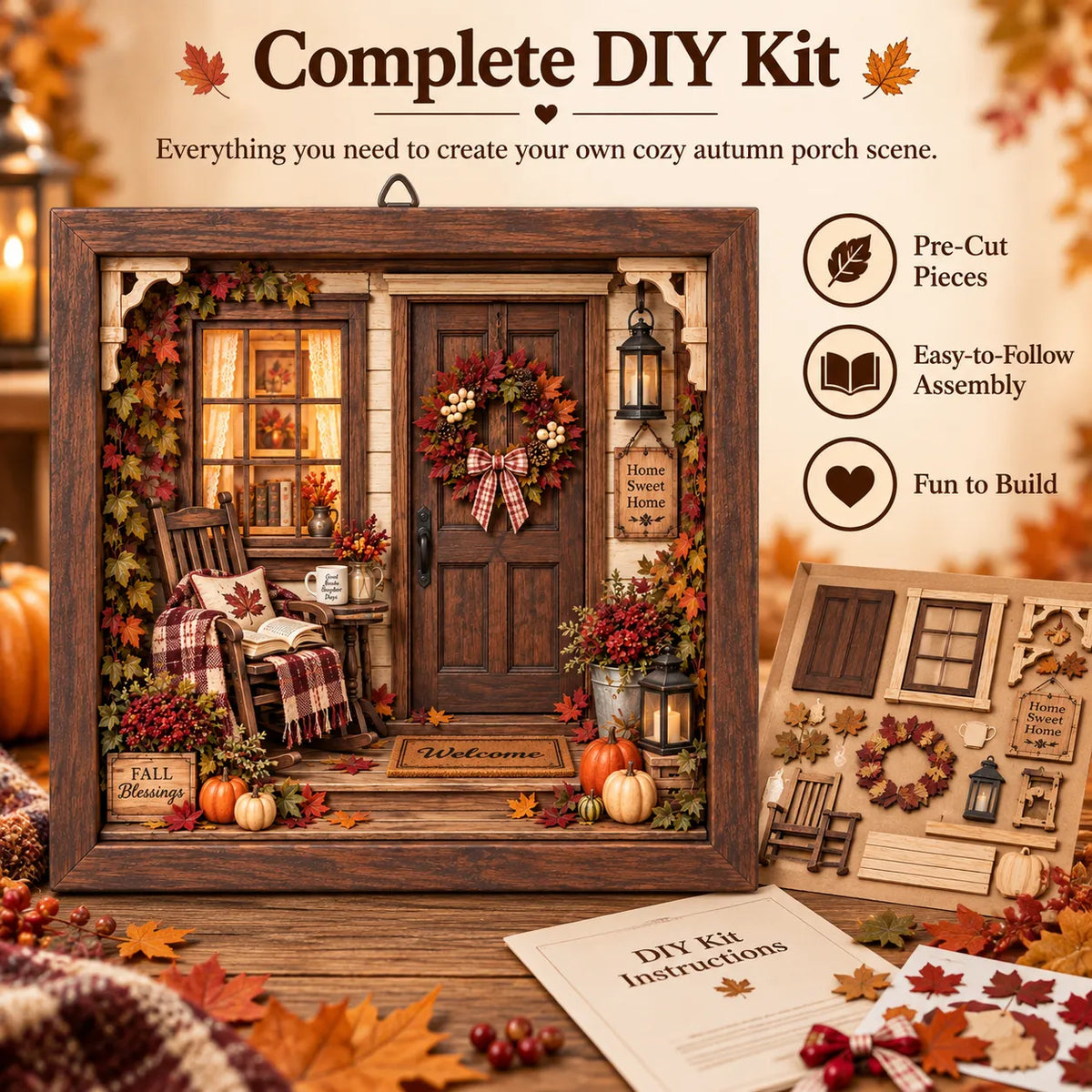 🍂 Autumn Reading Porch DIY 3D Wooden Shadow Box Craft Kit for Fall Decor 📚