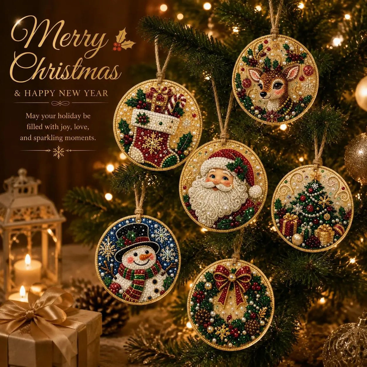 🎄 12-Piece Christmas Diamond Painting Ornament Kit – DIY Tree Hanging Decor