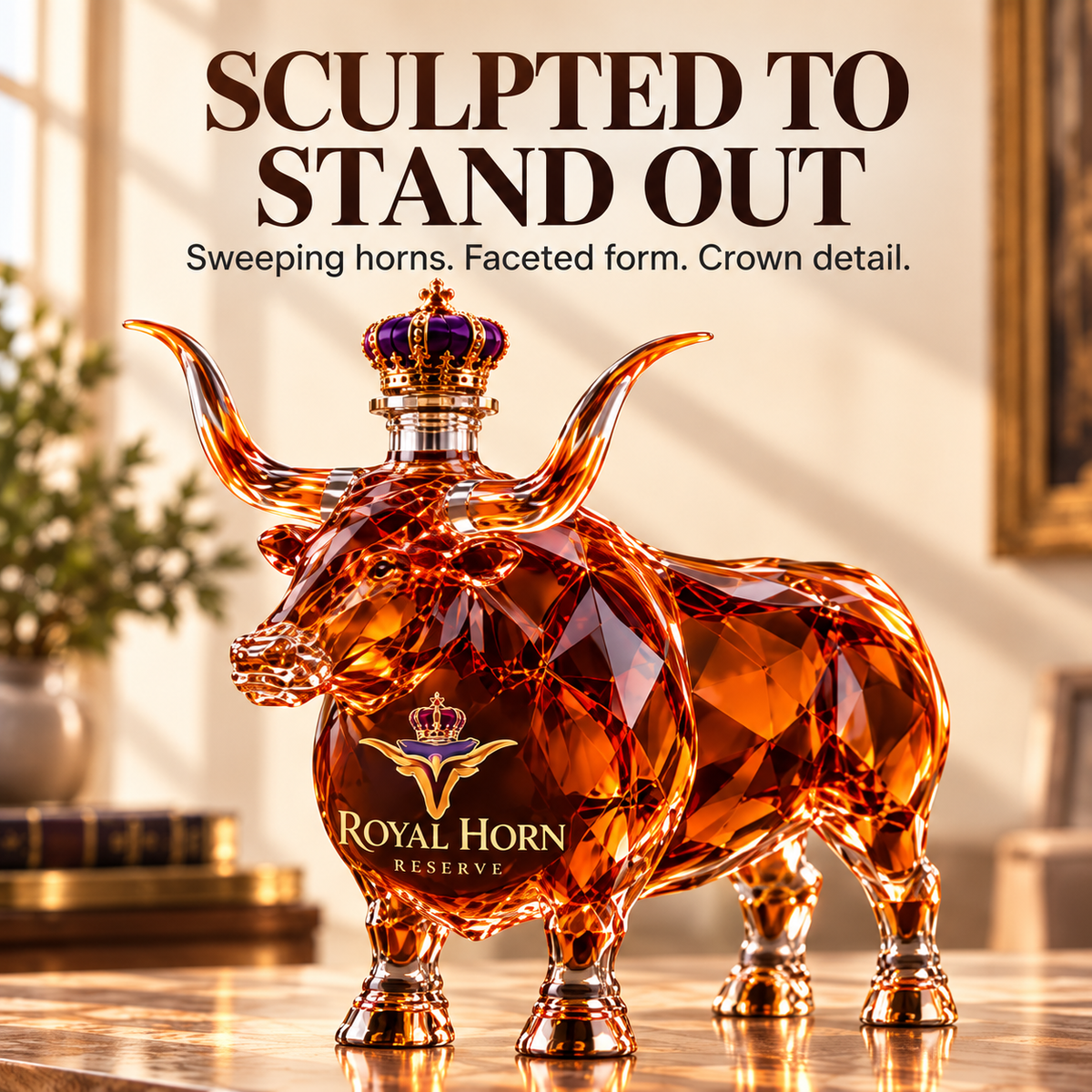 🐂 Texas Longhorn Collector’s Bottle 👑 Sculpted Display & Gift Box