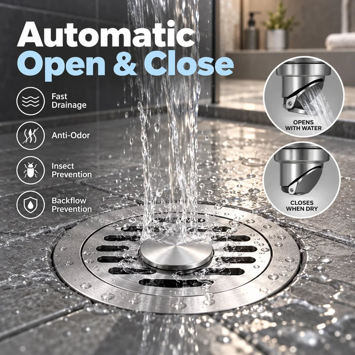🎁304 Stainless Steel Automatic Anti-Odor Floor Drain
