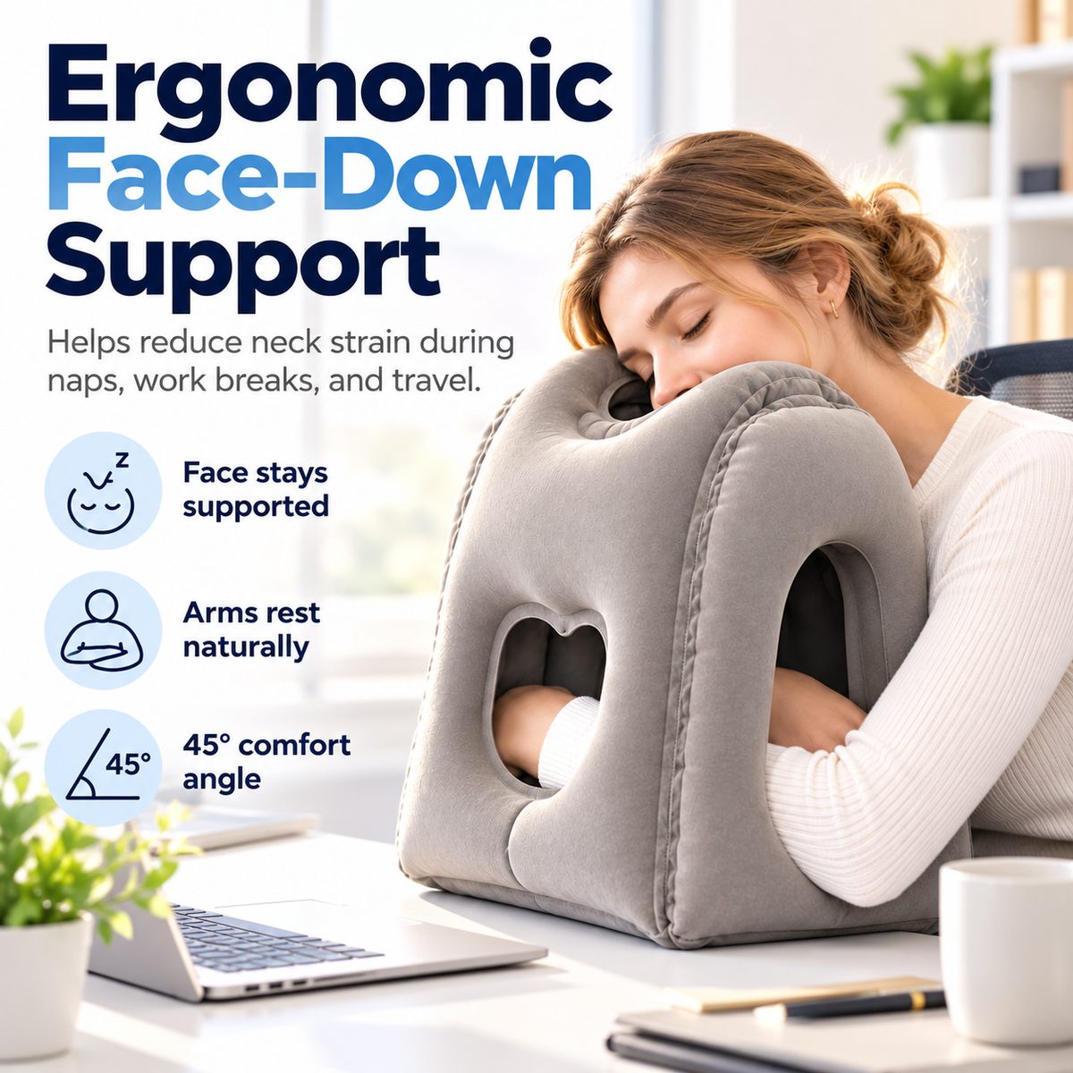 ✈️ Inflatable Face-Down Travel Pillow – Ergonomic Sleep Support for Flights, Trains & Office Naps