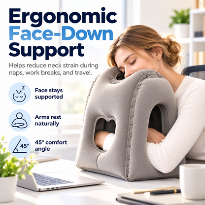 ✈️ Inflatable Face-Down Travel Pillow – Ergonomic Sleep Support for Flights, Trains & Office Naps